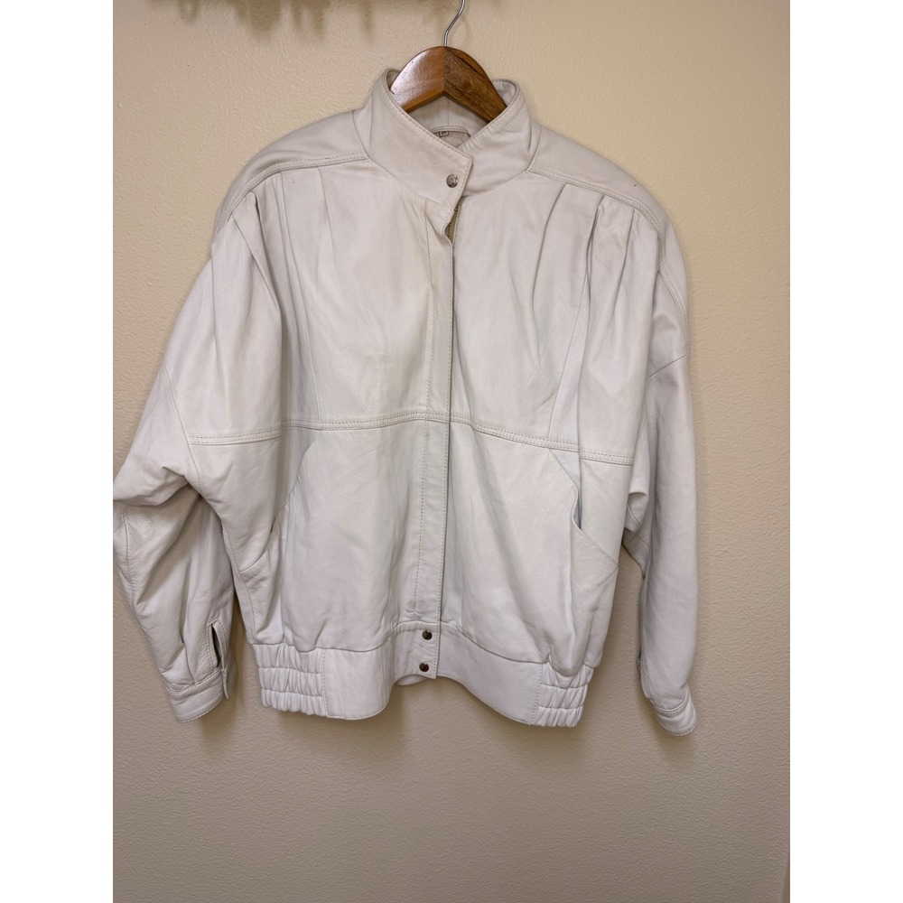 Gianni Leder Vintage Off White Leather Bomber Jacket Pleated 80s 90s Sz 10